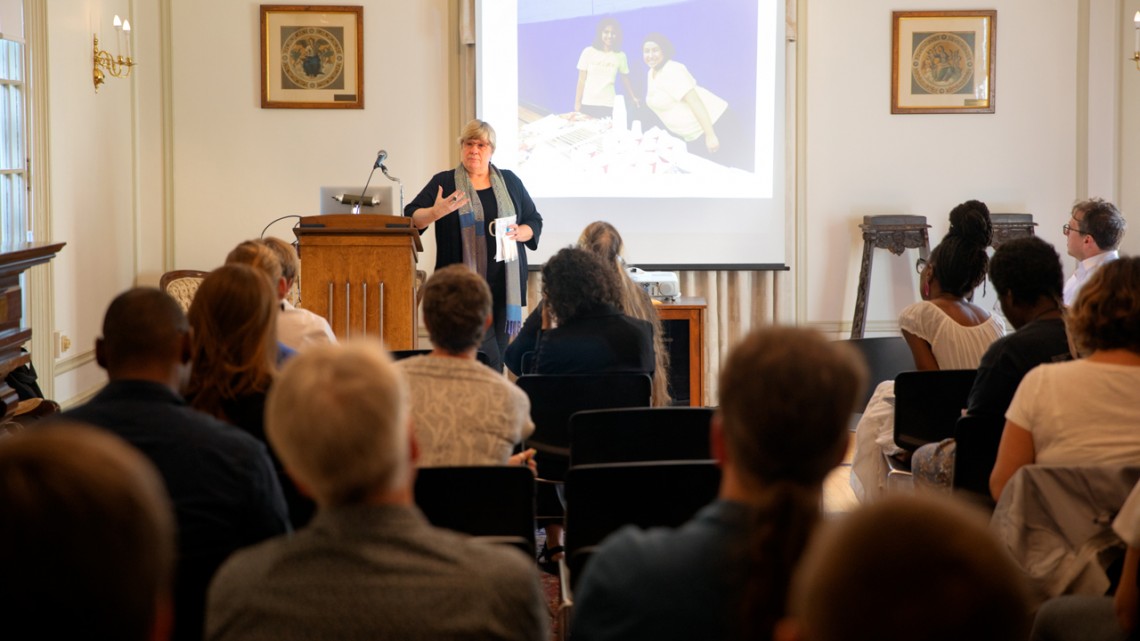 Debra Castillo, the Emerson Hinchliff Professor of Hispanic Studies in the Department of Comparative Literature and director of the Latina/o Studies Program, gives her presentation on Latinx cultural collaborations during the Rural Humanities Showcase, Sept. 6 at A.D. White House.