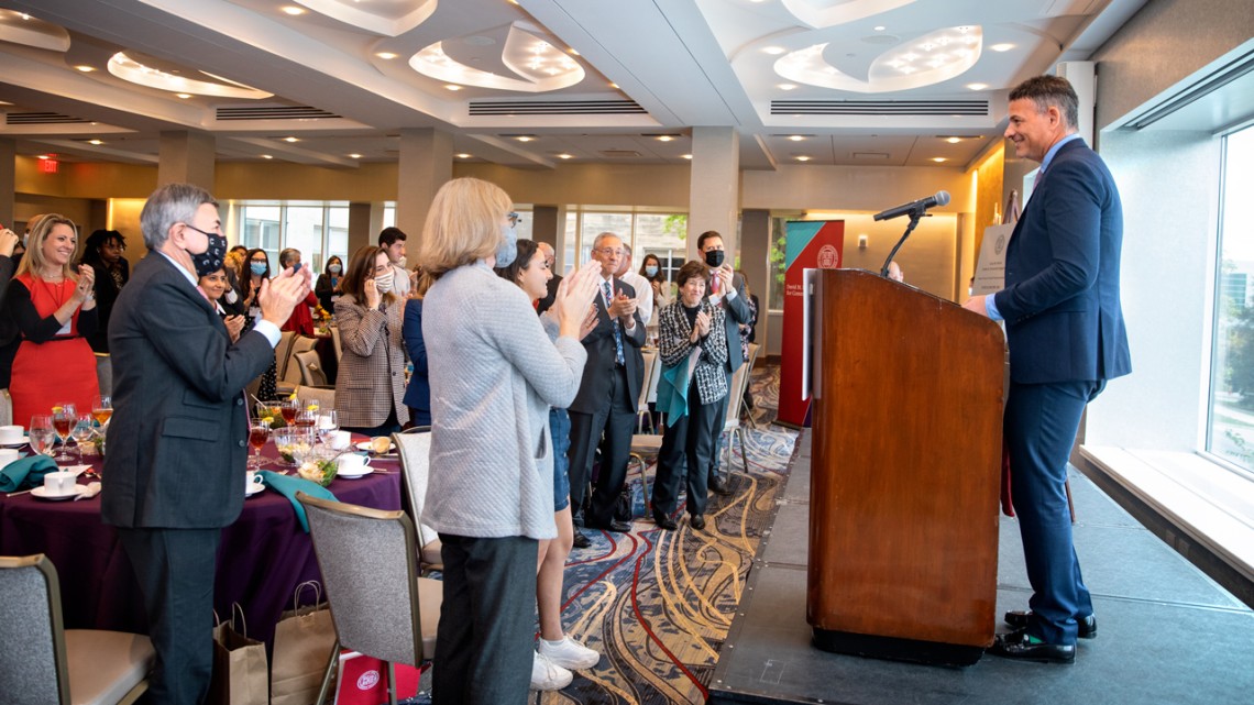 An Oct. 22 ceremony in the Statler Hotel formally dedicated the David M. Einhorn Center for Community Engagement, honoring Cornell Trustee David M. Einhorn ’91, who has provided endowment funding for the center through his foundation, Einhorn Collaborative.