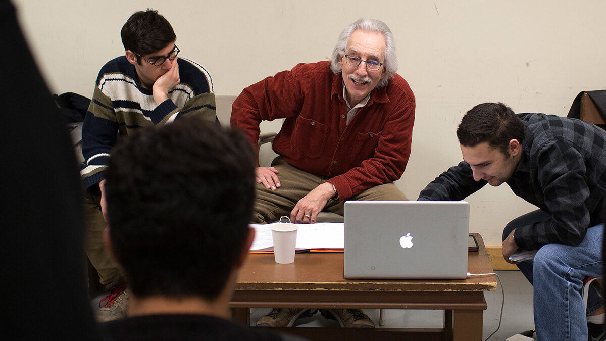 Bruce Levitt, professor of performing and media arts (PMA) works with students during a rehearsal for a play in Auburn, NY related to the Cornell Prison Education Program (CPEP).
