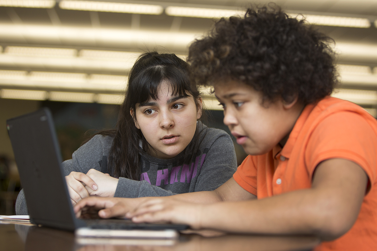 Rebecca Burd '20 tutoring Boyton Middle School student Da-Kaw Correia part of a after-school program of a Cornell freshman writing class tutoring middle school students.