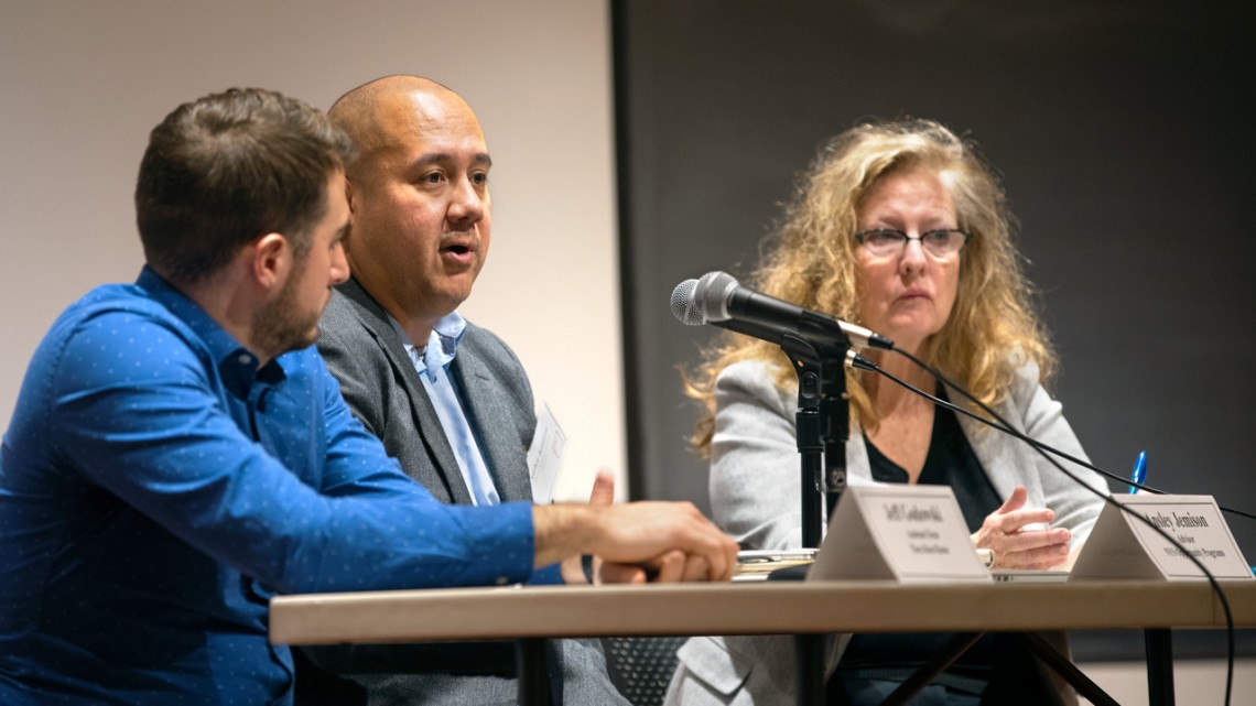 A panel on community partnerships, from left: Jeff Godowski, assistant dean of Flora Rose House; Ansley Jemison, adviser for New York State Opportunity Programs; and Joyce Muchan ’97, assistant director for student development at the Public Service Center.