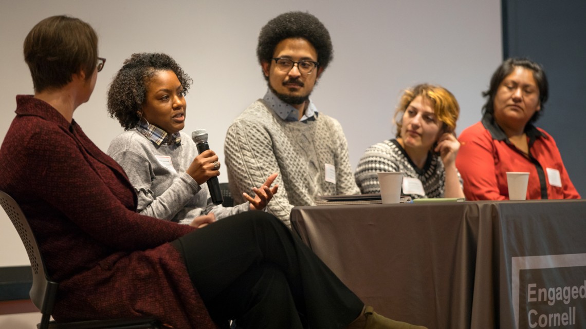 Participating in the panel discussion on community engagement are, from left: Moderator Amanda Wittman, Rochelle Jackson-Smarr, Rafael Aponte, Mané Mehrabyan '17 and Fabina Colon.