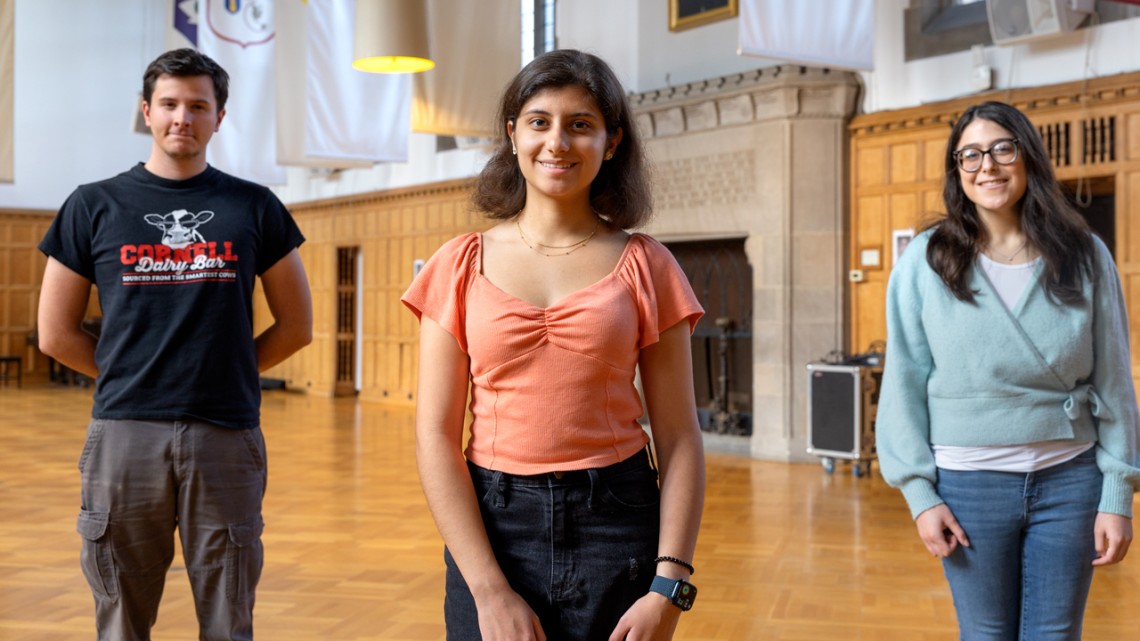 Cornell Votes members Dana Karami ’23, center, vice president of operations; Patrick Mehler ’23, founding member and president; and Lauren Sherman ’24, incoming vice president of external operations, gather in Willard Straight Hall.