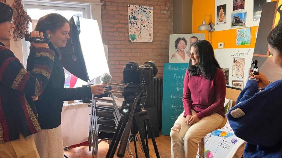 Students in the Milstein Program practice with each other before they conduct interviews with civic leaders.