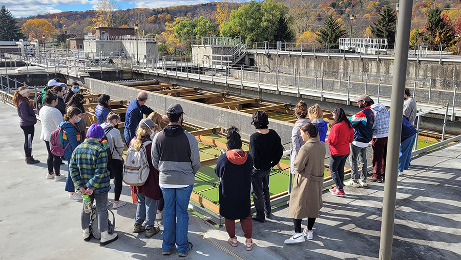 Students visit the Ithaca Area Wastewater Treatment Facility. IAWWTF is a key community partner in a project studying contaminants in Cayuga Lake.