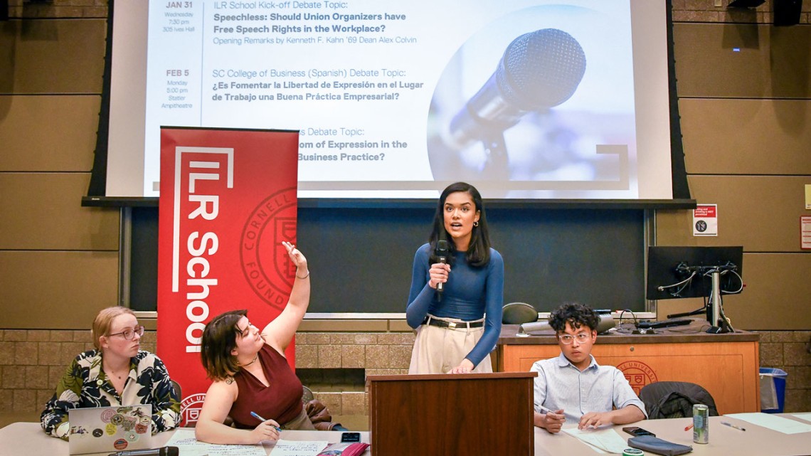 Abigel Manaye ’24 (standing) argues the opposition side of the debate, “Speechless: Should Union Organizers Have Free Speech Rights in the Workplace?,” held Jan. 31 in Ives Hall.