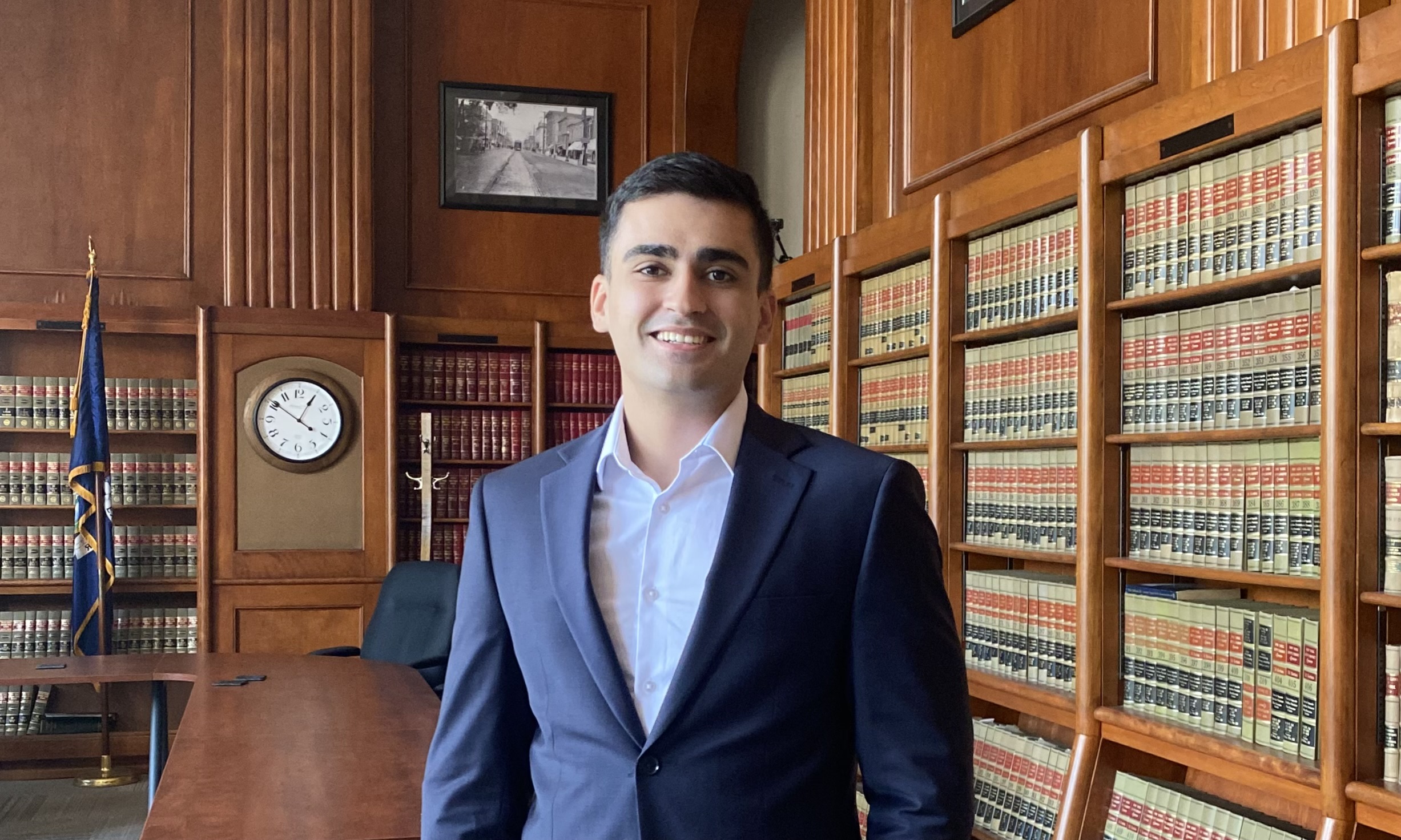 Class of 1964 John F. Kennedy Memorial Award recipient Farzan Hussainzada ’25 in the Watkins Glen Village courthouse. Provided.