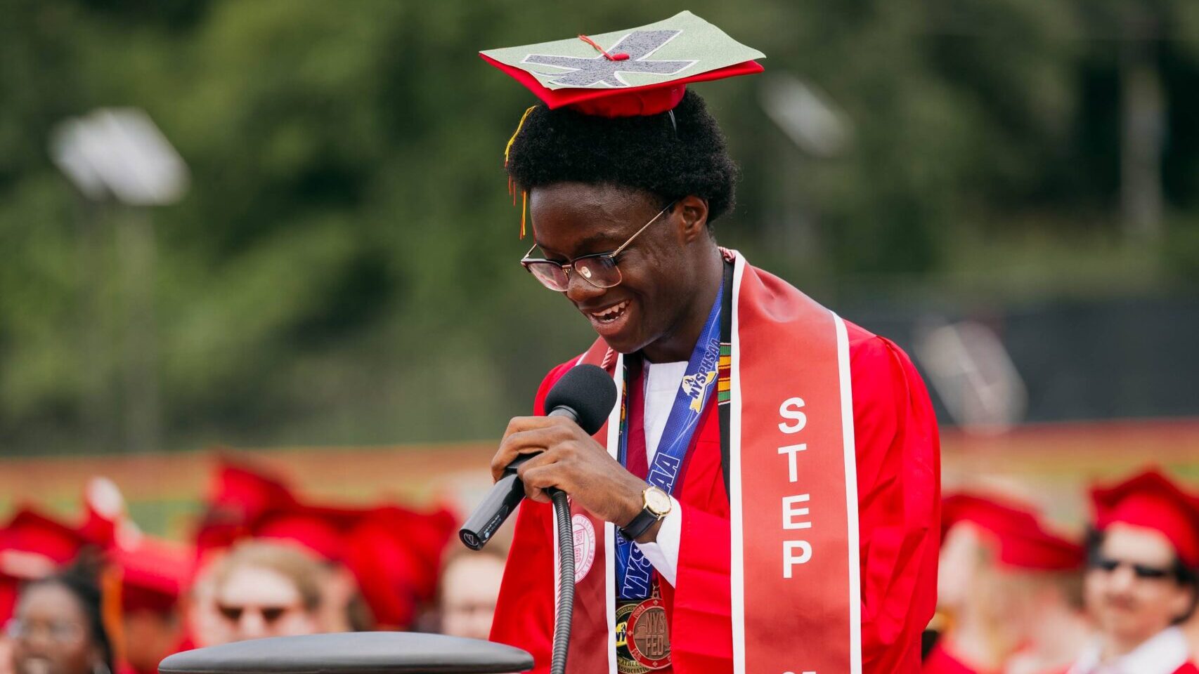 Joshua Kwakye-Minott '29 speaks during his Ithaca High School commencement in 2025. photo/provided