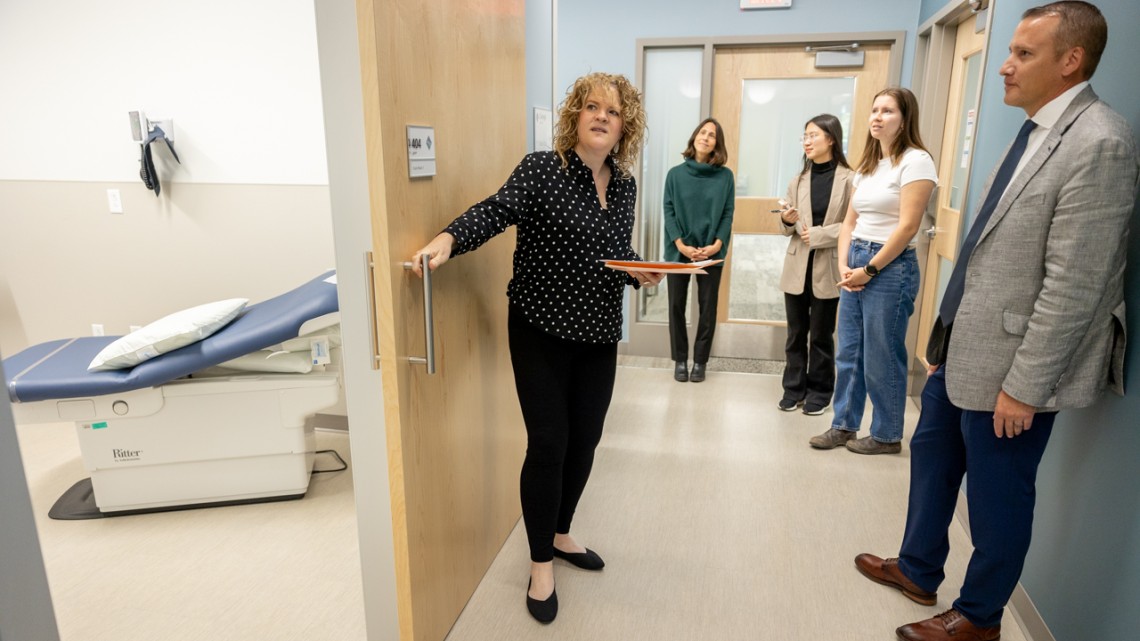 Janet Loebach, far left, the Evalyn Edwards Milman Assistant Professor in Child Development, visits Cayuga Health in the Shops at Ithaca Mall as part of her Designing Age Friendly Environments class. The facility is among the first certified as an “age friendly business” under a program students helped develop with Tompkins County’s Office for the Aging. Sreang Hok/Cornell University