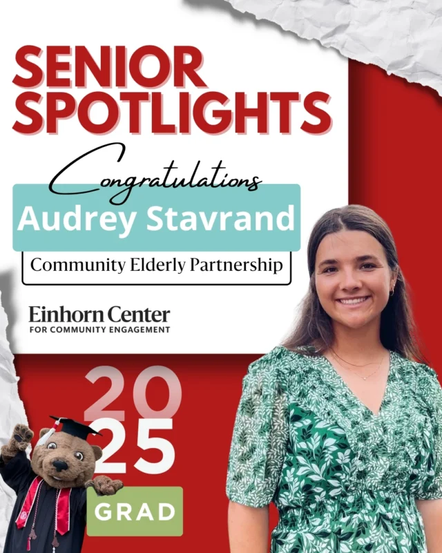 Today's senior spotlight is on Audrey Stavrand '25 from @communityelderlypartnership!

A biological sciences major in @cornelluniversitycals, Audrey says, “CEP allows me to build relationships with residents at Beechtree, learn more about social justice issues among the elderly, and learn how small actions can make a big difference." 

"Seeing the residents faces light up when we arrive and hearing the echoing goodbyes as we leave shows me how meaningful  interactions can make a difference. I have loved every moment with CEP, from making cards for Beechtree and learning more about elder social isolation to visiting residents each week."

Congratulations, Audrey!

#cornell #cornelluniversity #community #communityengagement #cornellscl #leadership #studentleaders #cornell2025 #classof2025
#collegegrad